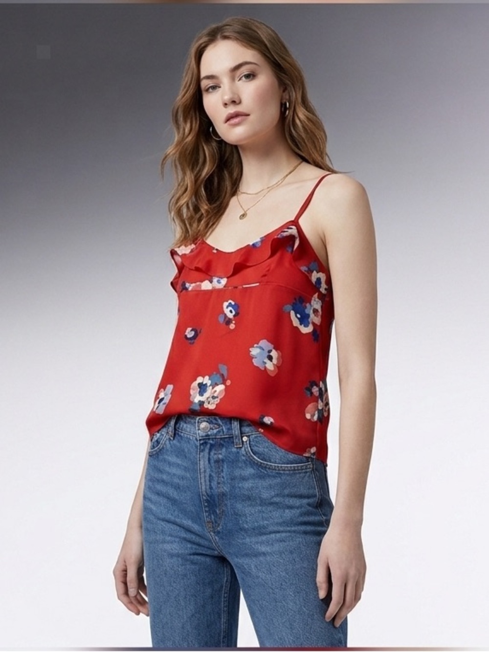 American Eagle Red Floral Print Cami With Ruffle Details